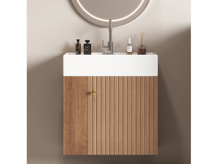 Meuble Vasque Mural 55x31x66\,5 Cm En Mdf Brun\, Rangement Intégré Pour Petite Salle De Bain – Meubliv