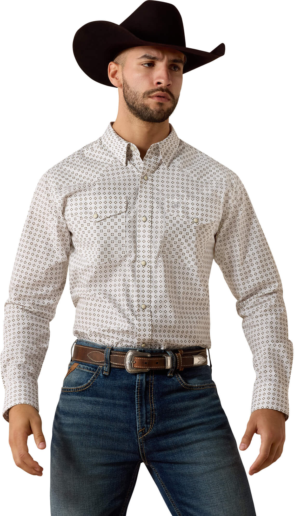 Men's Franz Fitted Snap Shirt in White Geo Print, Size: Small by Ariat