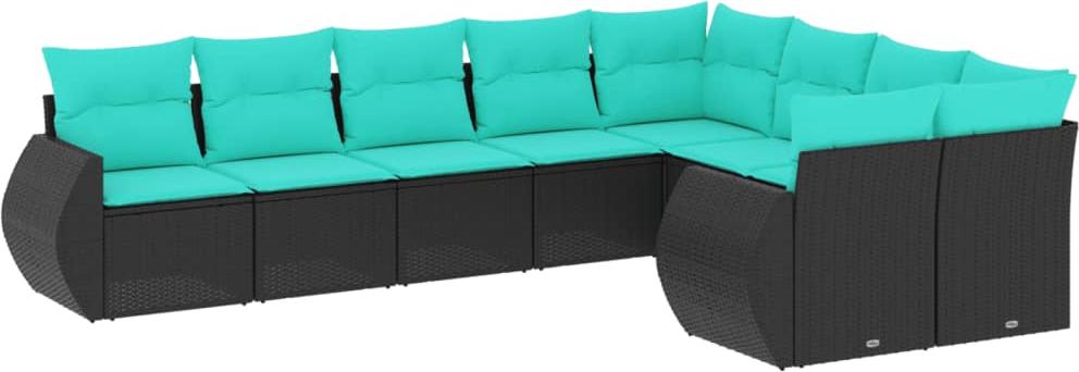 vidaXL 9-teiliges Gartensofa-Set mit Kissen, schwarzes Polyrattan