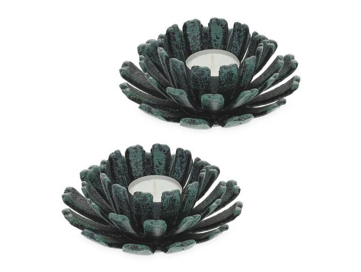 Relaxdays Teelichthalter Grün 2er-Set Gusseisen, Smaragdgrün, Metall, 6 cm, Dekoration, Kerzen & Kerzenhalter, Teelichthalter
