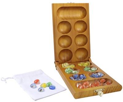 GSE Games & Sports Expert GSE™ Oak Folding Wooden Mancala Board Game with Multi-Color Glass Stones and Storage Bag