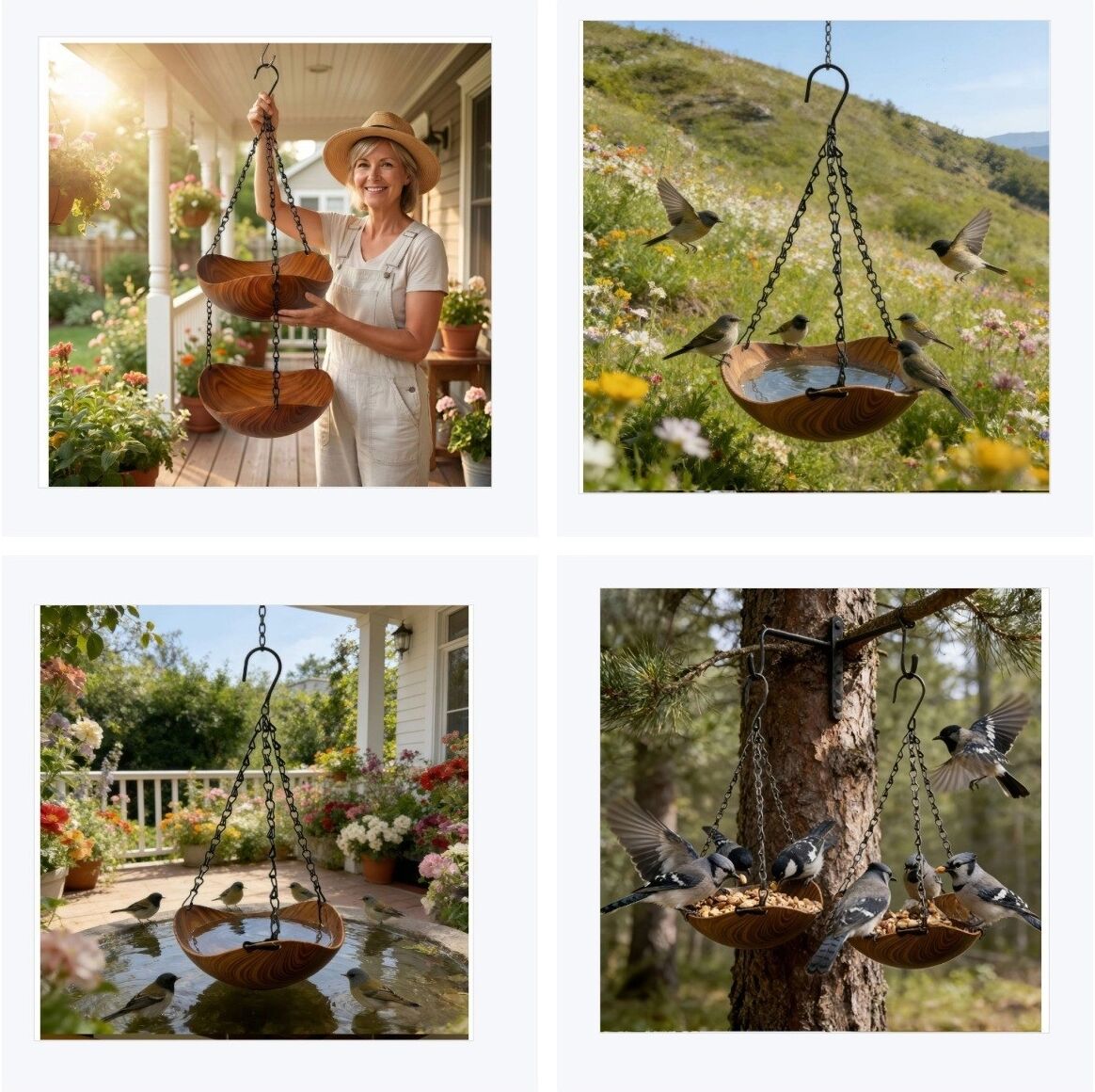 INF Doppelstöckiges hängendes Vogelbad und Futterstelle – Holz- und Metall-Badeschale für Garten und Balkon Schwarz