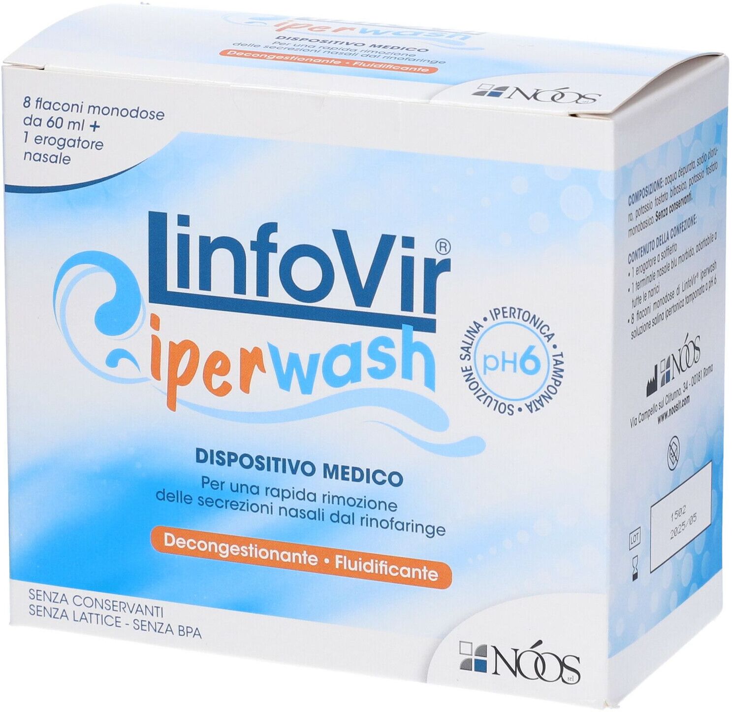 NOOS Srl Noos LinfoVir Iperwash Soluzione Salina Ipertonica, , 8 flaconi da 60 ml + erogatore nasale
