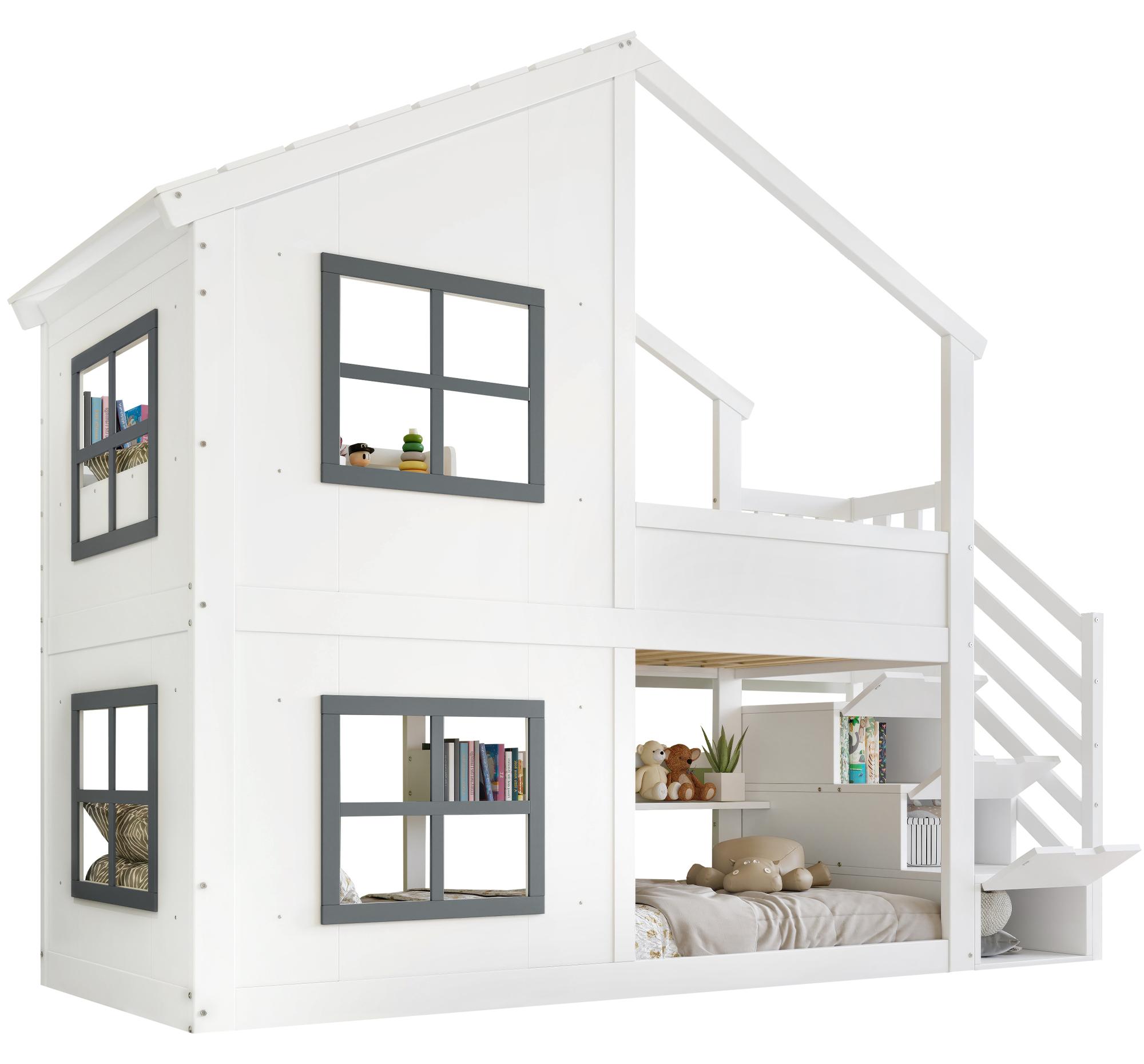 Etagenbett 90x200 cm in Weiß und Grau, mit Fenster, Dach, Treppenschrank und Lattenrost, ohne Matratze