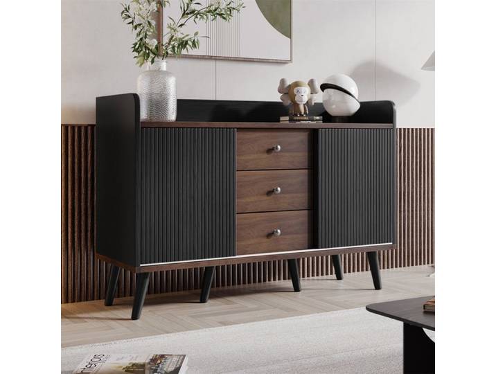 Buffet - DREAMMESPACE - Buffet bas - 2 portes - 3 tiroirs - Noir et bois