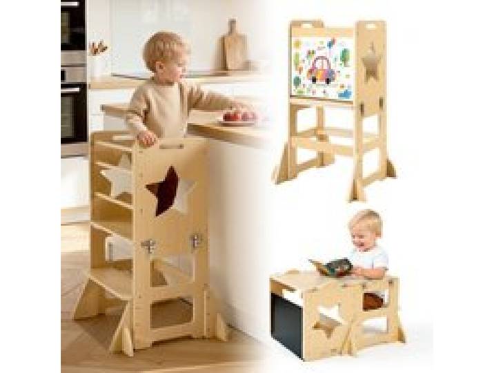 VEVOR Lernturm für Kinder von 1–5 Jahren, 4-in-1-Lernstuhl, Montessori-Tisch- & Stuhlset, Kindertritt aus Holz, Montessori Learning Tower mit Tafel, Kindermöbel für Bad & Küchenarbeitsplatte