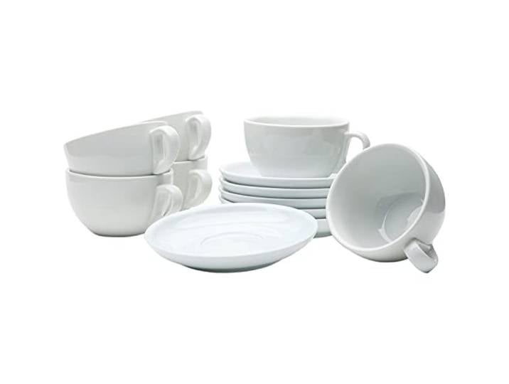 Gastro Spirit - 12-teiliges Milchkaffee-Tassen Set - Weiß, 350 ml, Porzellan, dickwandig, spülmaschinenfest, italienisches Design - 6er XL Cappuccino/Kaffee-Tassen Set mit Untertassen