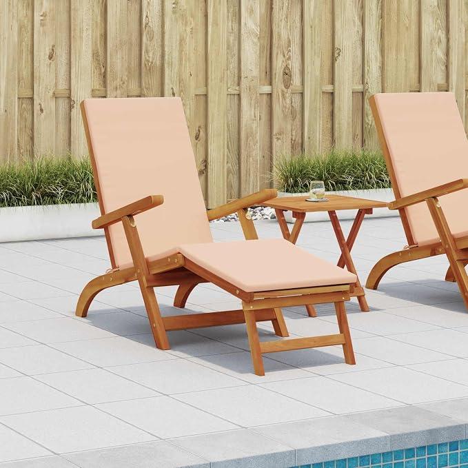Klappbare Sonnenliege aus massivem Akazienholz Beige 2er Set, verstellbare Rückenlehne mit 5 Stufen, integrierte Fußstütze für Garten Terrasse Pool Outdoor Relax