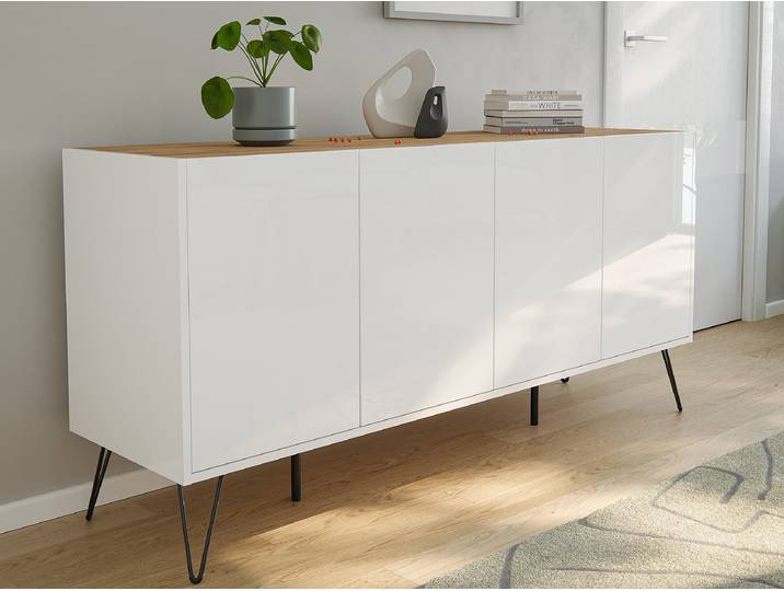 Enfilade Industrial avec portes 76cm Blanc/Blanc brillant/Imitiation chêne
