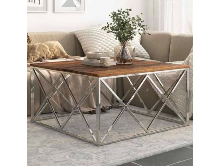 HEFZGDB Couchtisch Silbern Edelstahl und Massivholz mit Edelstahlgestell und massiver Holzplatte für Wohnzimmer