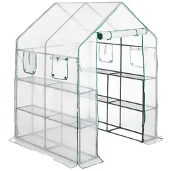 Relaxdays Gewächshaus, HBT 190 x 140 x 140 cm, Regale mit 8 Ablagen, Treibhausfolie, begehbares Tomatenhaus, transparent