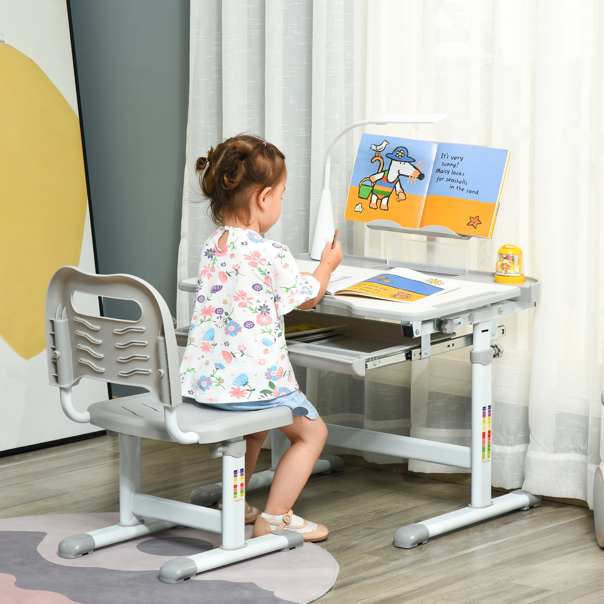 Homcom Set Tavolo e Sedie per 6-12 Anni con Altezza e Inclinazione Regolabile, leggio, portapenne, porta tazza e Lampada USB,Grigio Aosom Italy