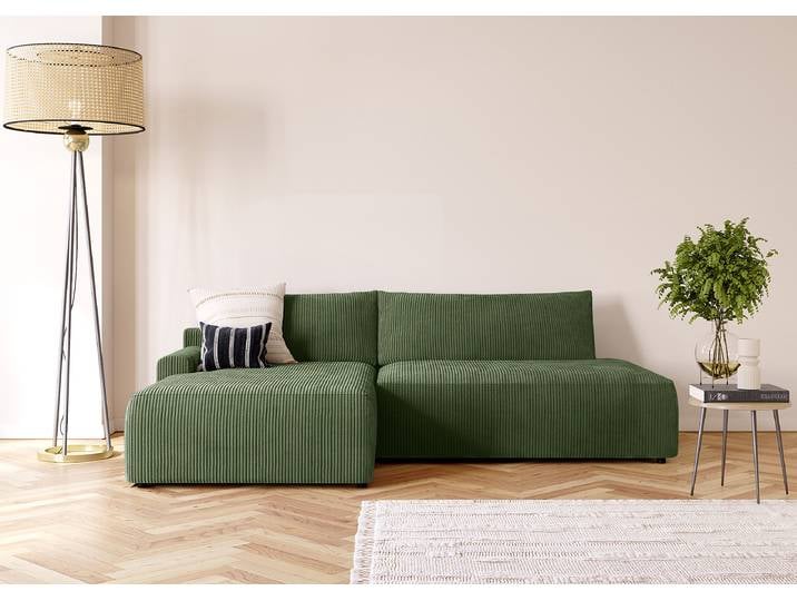 Ecksofa STANZZ mit Schlaffunktion Grün/Grün Cordstoff Hilja 253 x 82 x 167cm Longchair davorstehend links mit Schlaffunktion Eine Armlehne