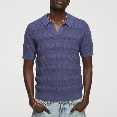 Lucky Brand All Over Texture Johnny Collar Sweater -Men's Clothing Tops Sweaters in Blue Indigo, Size S
