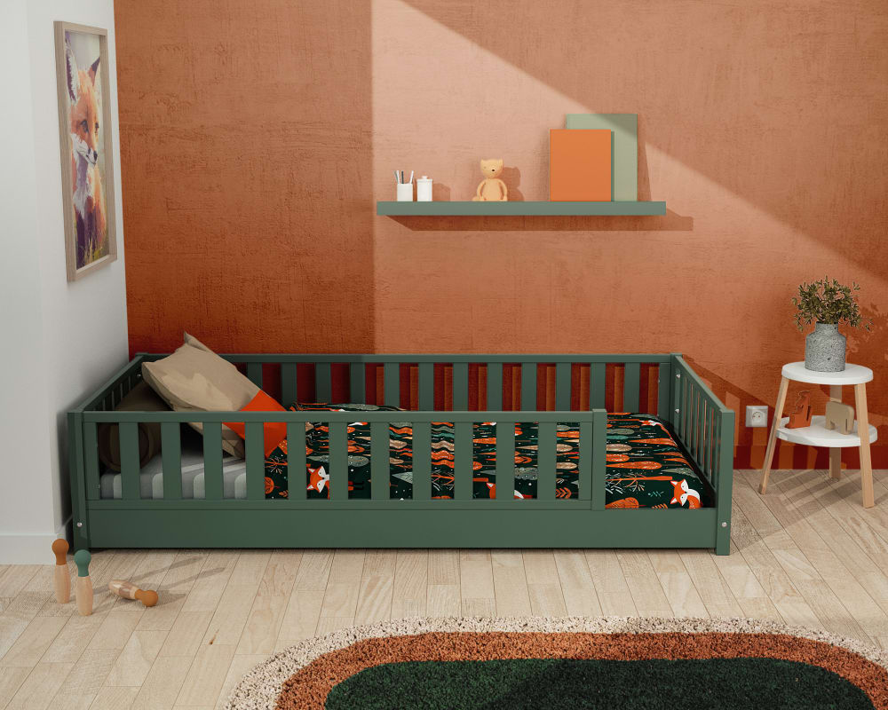 Jurababy Lit au sol enfant en bois - 90x190 Vert 198x48x94cm