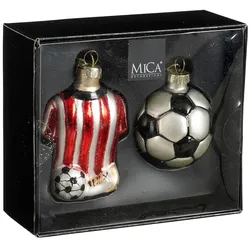 Mica Decorations 2er Set Christbaumschmuck Glas 8 cm Glitzer Fußball Trikot Ball Weihnachtsbaum Anhänger Weihnachten Weihnachtsbaumschmuck Rot