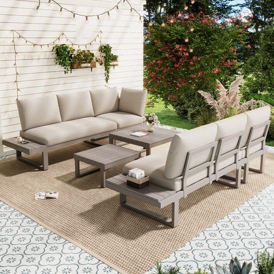 Gartenmöbelset, Eckset, mit verstellbarer Kippfunktion (5 Stellungen, bis 55°), gusseisernen Rohren, Kunststofftischplatte, mit zwei Sitztischen, Beige + Kaki