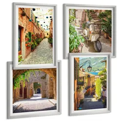 BILDER SET 4er Set - 50x50 cm & 40x60 cm Silberner Rahmen - Charmante Straßen und Pizza