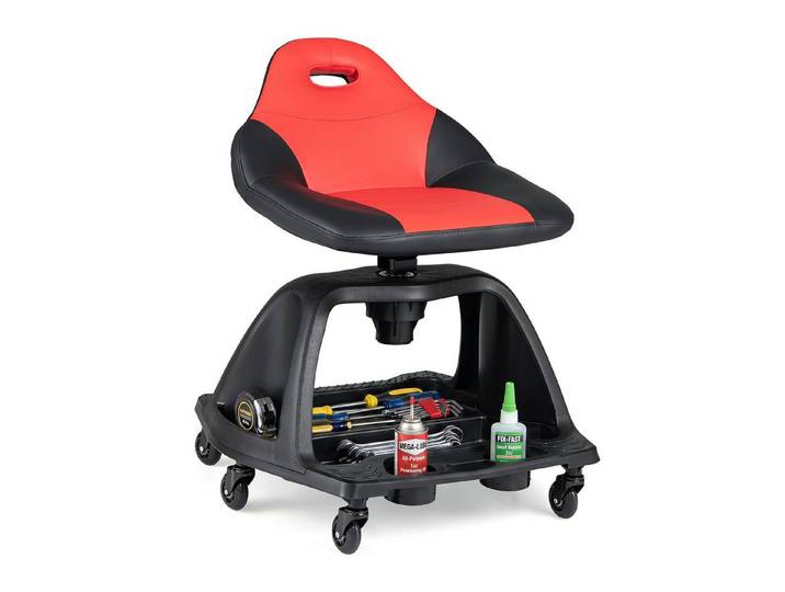 COSTWAY Arbeitshocker Werkstatthocker, 360° drehbarer Rollhocker mit Lehne & 6 Rollen