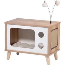 Katzenhöhle TV-Design mit Spielbällen, Jute-Fläche & Plüschkissen