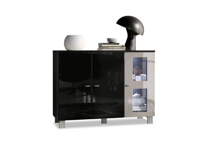 Vladon Sideboard Denjo (Kommode, mit 3 Türen), Schwarz matt&glänzend/Sandgrau glänzend mit Beleuchtung (107x81x35 cm)