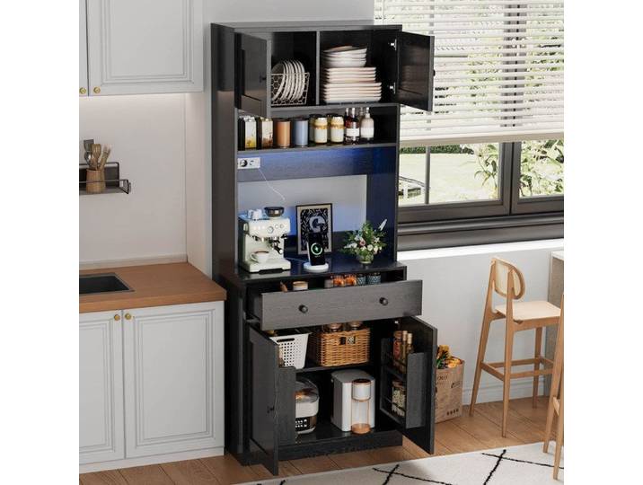 Meuble de cuisine haut IVMEU 180 cm avec LED RGB prises intégrées tiroir et rangement noir
