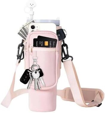 Perfect Picks Market Water Bottle Carrier With Strap & Phone Pocket For Stanley Tumblers pink Bag