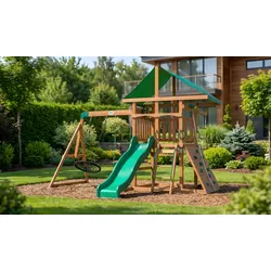 Spielturm für Kleinkinder Bastien - Natur / Grün - 410 x 380 x 300 cm - aus Zedernholz / Kunststoff
