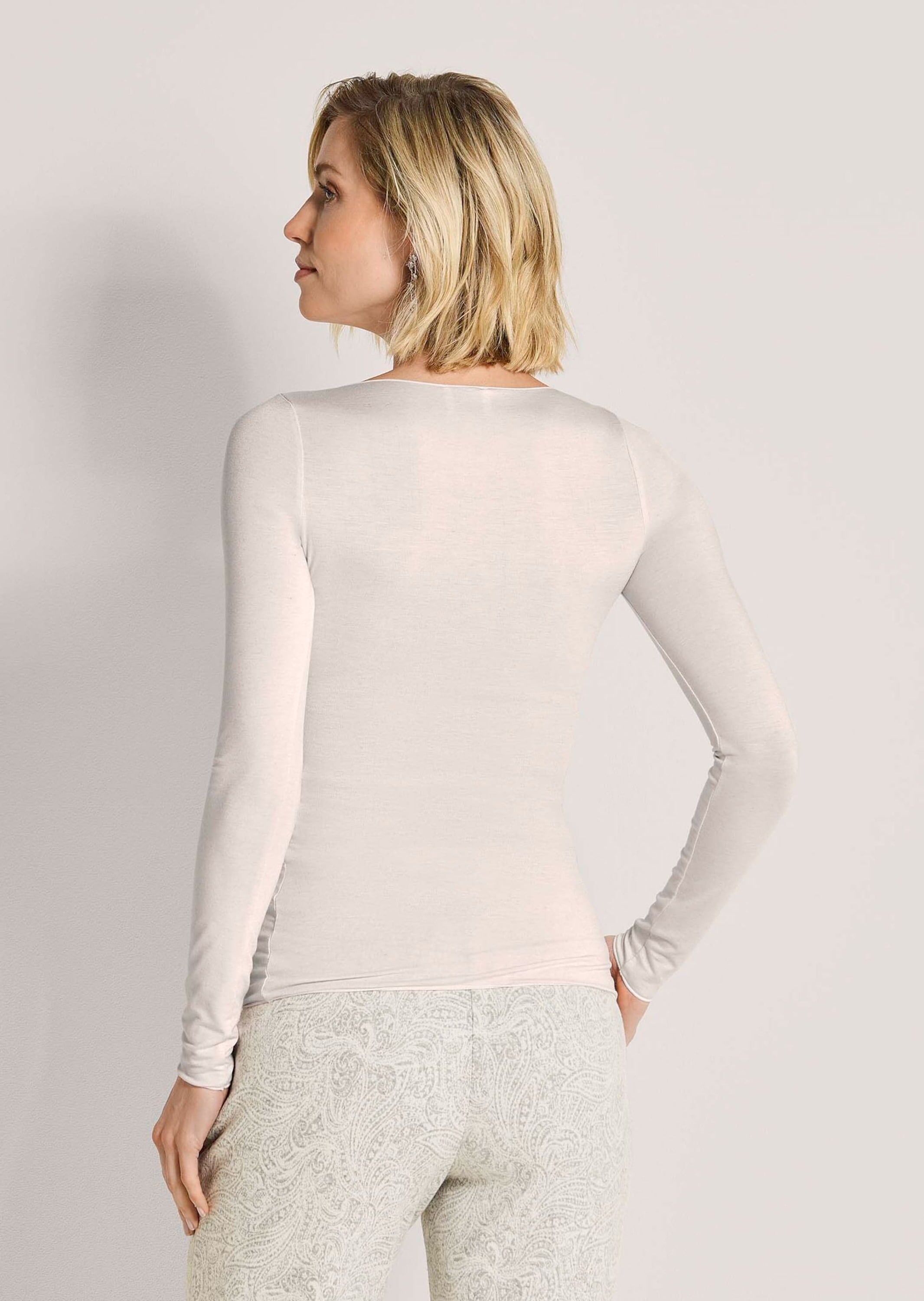 Langarmshirt MADELEINE "Shirt Langarmshirt mit Rundhals & Kaschmir", Damen, Gr. 38, beige (perlweiß), Modern, skinny fit, Rundhals, Shirts Langarmshirt