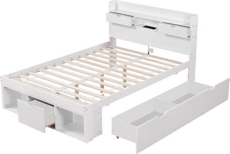 Doppelbett Weiss 140x190cm Ohne Matratze Mit USB-Port Schubladen Stauschrank Kinderbett Jugendbett Multifunktionales Bett Grosser Stauraum
