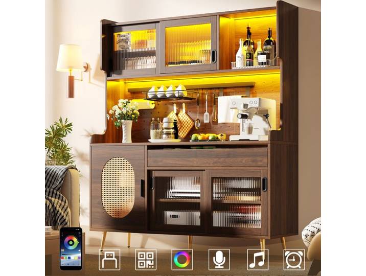 Buffet de rangement - 145x39x171 cm - 5 portes - Bande lumineuse LED - Panneau perforé - Marron/Noir - MDF
