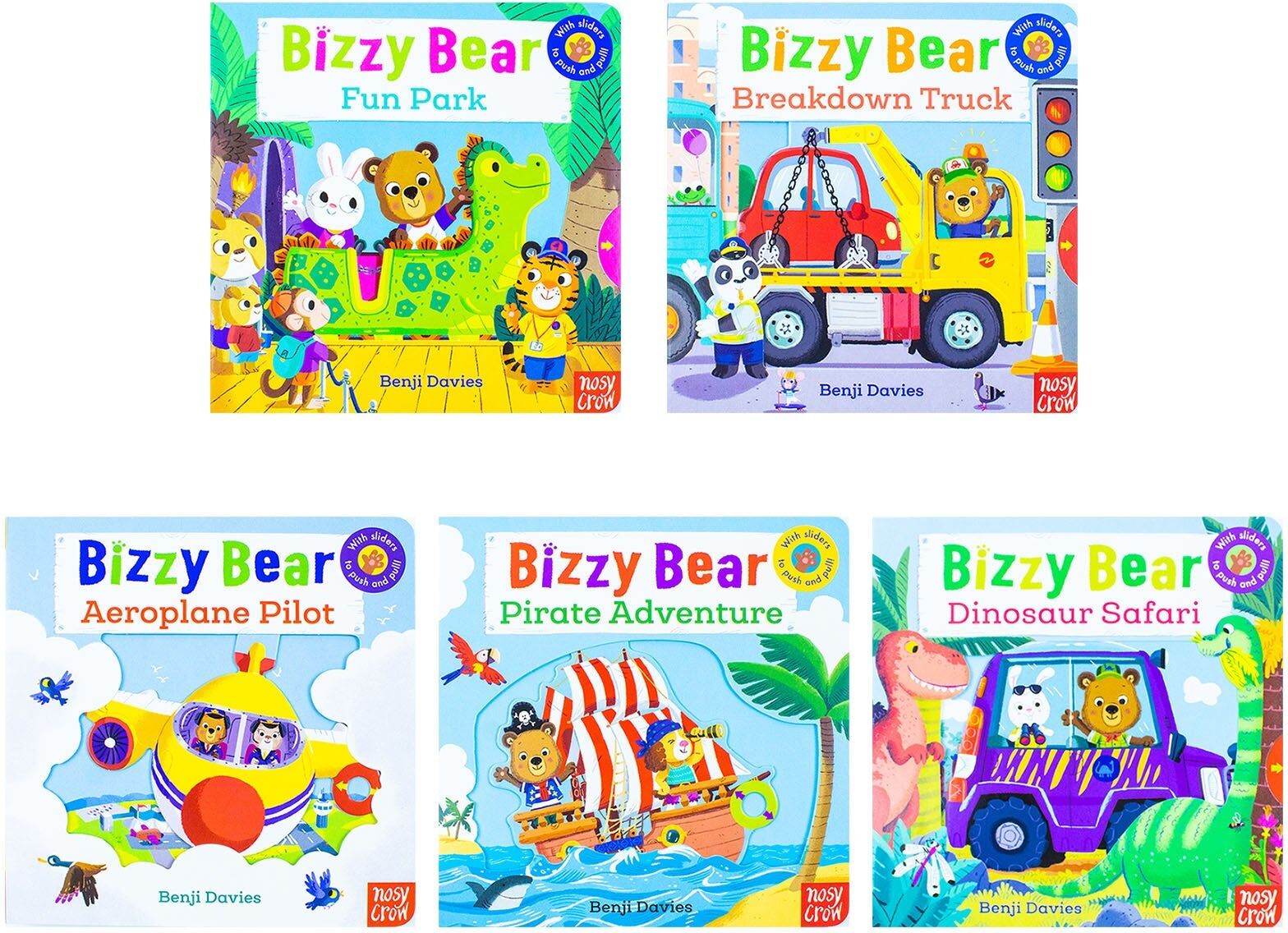 Nosy Crow Bizzy Bear Series 5 Books Collection Bundle Set(Fun Park, Breakdown Truck, Aeroplane Pilot, Pirate Adventure & Dinosaur Safari)(With Sliders to Push a