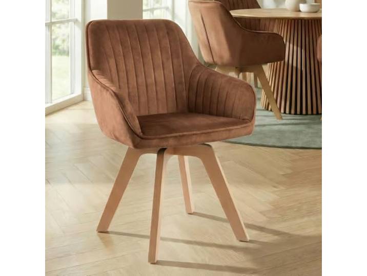 Stuhl LIVORNO - 60cm - braun - Samt Holz-Beine drehbar Armlehne Auto-Return-Funktion, Ziersteppung, hoher Komfort, bequeme Polsterung, stabil, Massivholz, Design, Eyecatcher