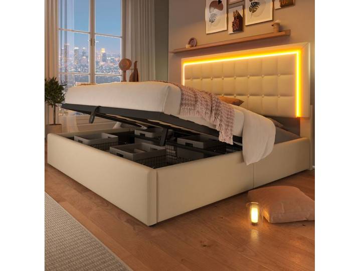Maisentiel lit double 180x200 cm avec sommier à lattes coffre hydraulique LED intégrée similicuir blanc