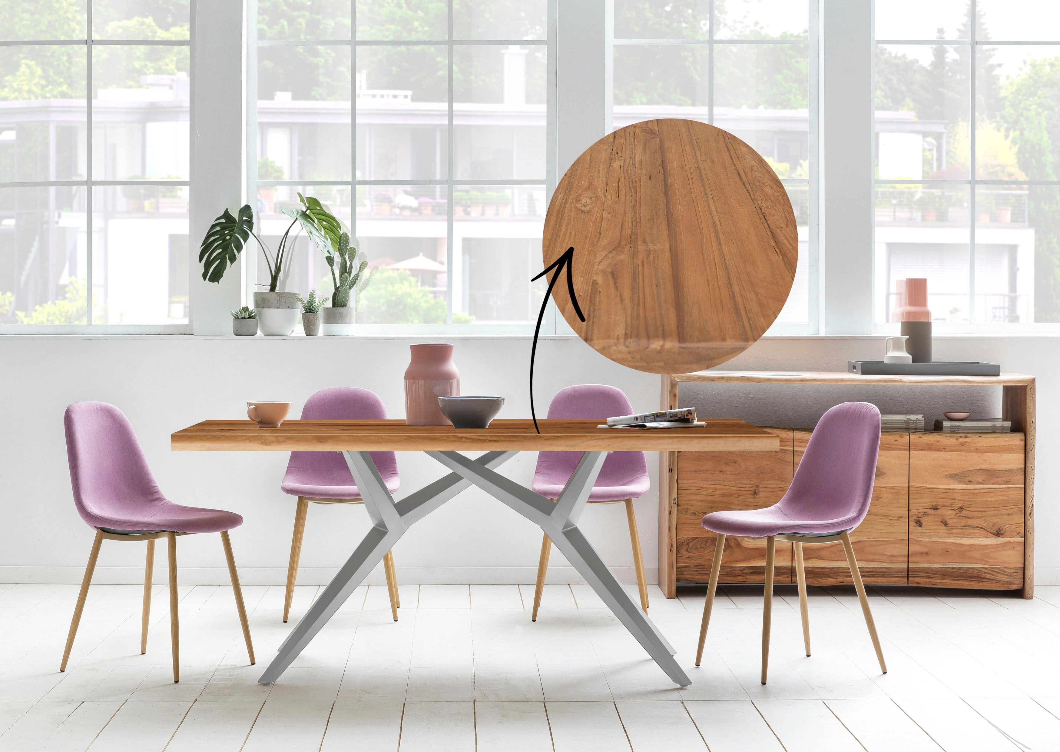Esstisch SIT "Juneau aus recyceltem Teak mit 50-mm-Platte & Rustik-Look", braun (natur, antiksilber, antiksilber, natur), B:180cm H:73cm T:100cm, Platte recyceltes Teak, Gestell Metall, Tische, Esstisch, 50 mm starke Teakplatte mit markanter rustikaler Ob