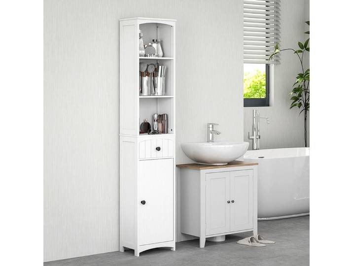 Armoire de salle de bains Armoire haute doté de 3 étagères: Blanc 1 tiroir armoire salle de bains armoire de salle de bain
