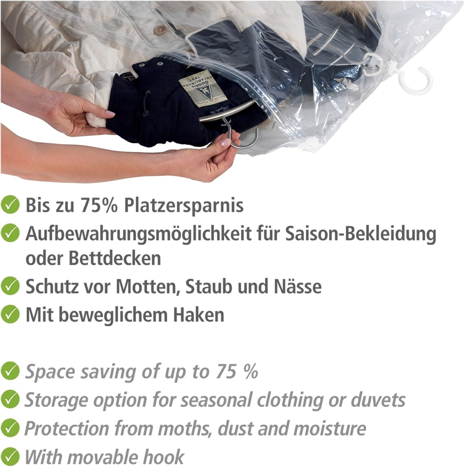 Kleidersack WENKO "Vakuum Grösse L", transparent, Kunststoff, Kleidersäcke, Kleidersack, Vakuumbeutel für Kleidung, platzsparend im Kleiderschrank transparent Einheitsgröße