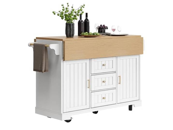 Ropilly ausziehbare Kücheninsel mit Stauraum MDF 120 x 40 cm Küchenwagen mit Rollen, drei Schubladen, Doppeltüren und klappbarer Tischfläche