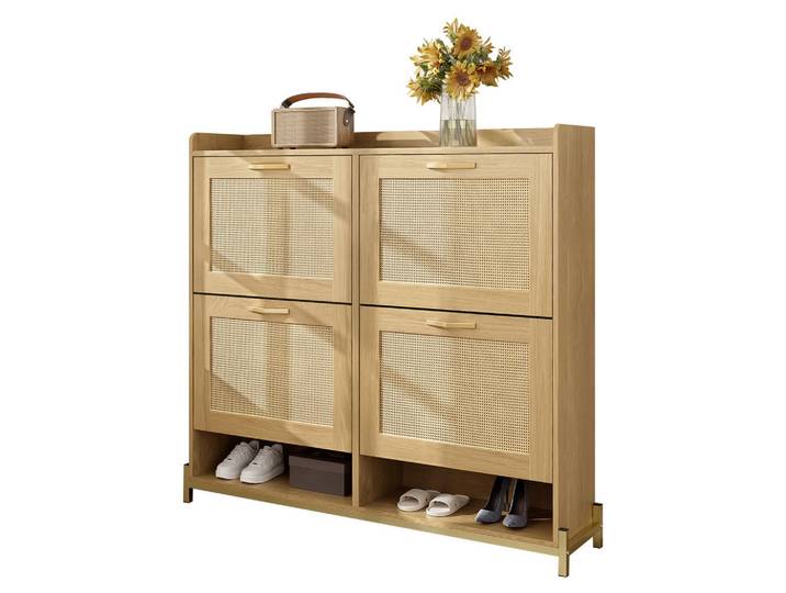 Flieks Schuhschrank Holz Rattantüren 4 Türen Metallrahmen Regal, Hellbraun, 108.5x100x24 cm, Garderobe, Schuhaufbewahrung, Schuhschränke