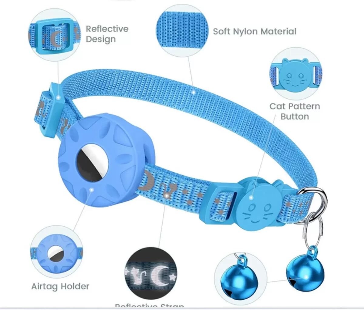 INF Airtag Haustierhalsband mit Glocke - Sichere Tracker-Halterung, Verstellbares Polyesterhalsband Blau