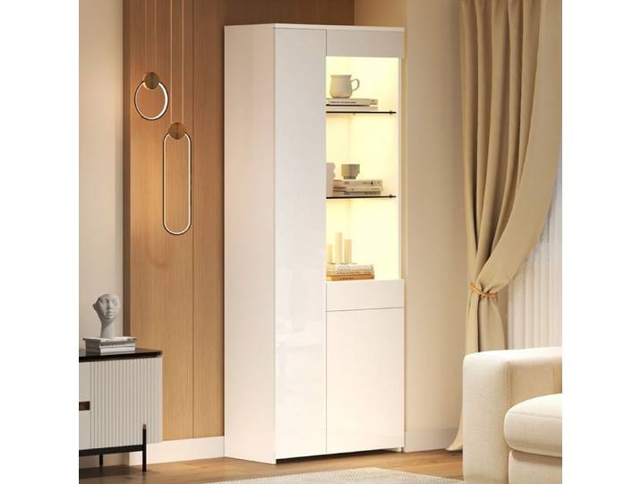 70 * 35 * 180cm Vitrine avec tiroirs Vitrine haute brillance vitrine en verre avec éclairage LED armoire haute Highboard avec ar