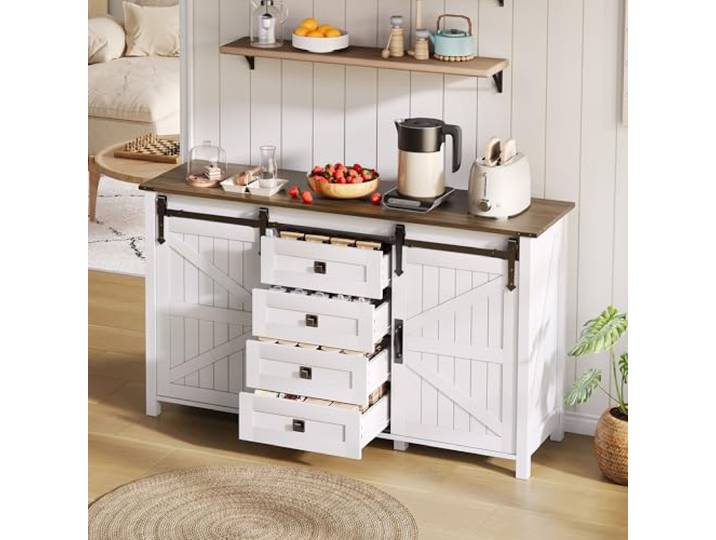 BTM Sideboard mit Stauraum, 137 cm breiter Seitenschrank mit Schiebetüren und 4 Schubladen, Vintage-Kaffeebar-Sideboard, geeignet für Küche, Esszimmer und Wohnzimmer, weiß