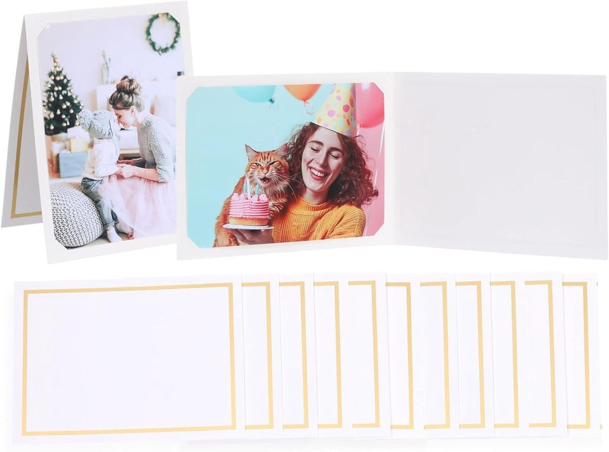 Set van 50 witte fotomappen met gouden papieren lijsten voor foto's van 4x6 en 5x7 inch