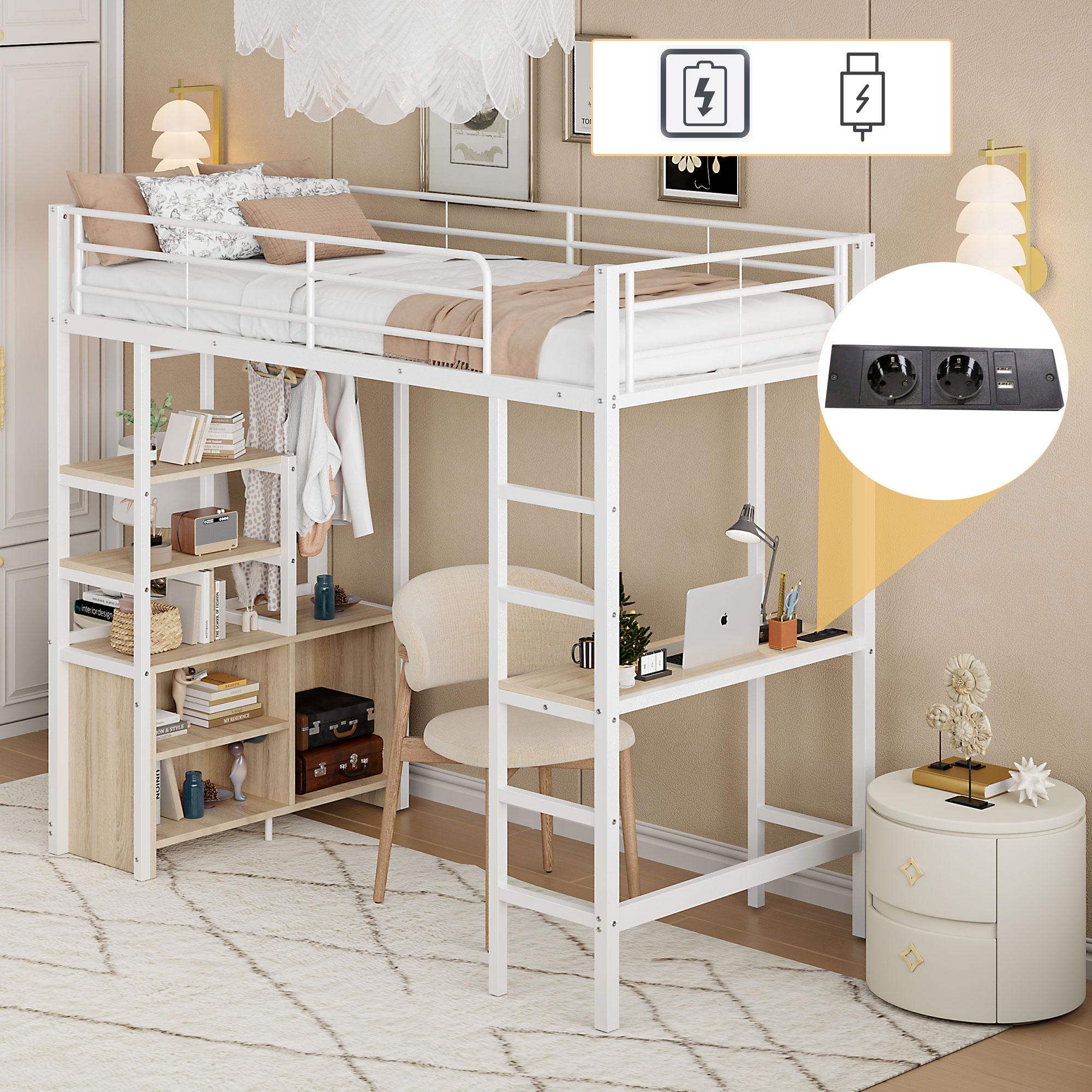 Merax Etagenbetten Kinderbett 90x200 cm, Stockbett mit Steckdose & USB, Schreibtisch, Regale, Kleiderstange, Eisenbett, Hochbett Jugendliche, Weiß