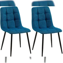 Décoshop26 - Set aus 2 Esszimmerstühlen mit dekorativen Quadratnähten blauem Stoffsitz schwarzen Metallbeinen 10_0001574