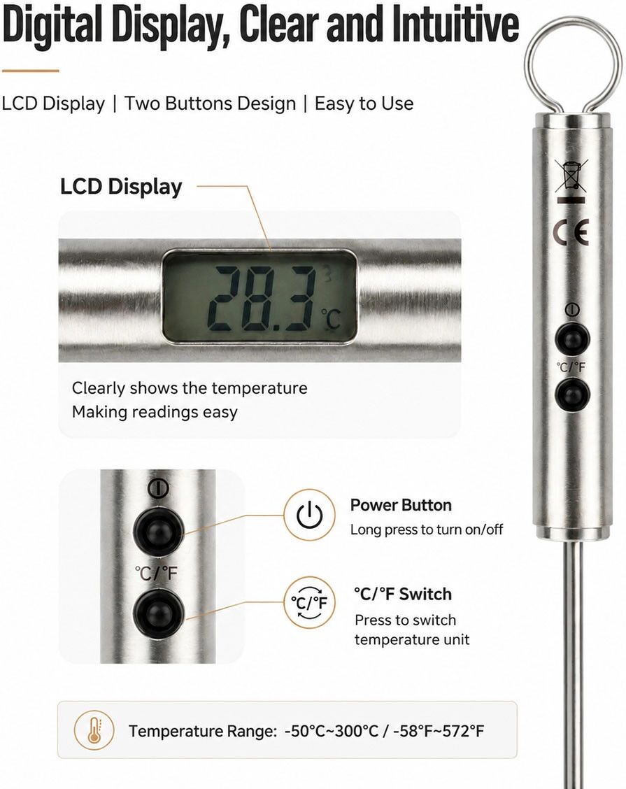 INF Digitales Edelstahl-Küchen-Backthermometer – Großer Bereich -50°C bis 300°C, ±1°C Genauigkeit, LR44 x2 betrieben