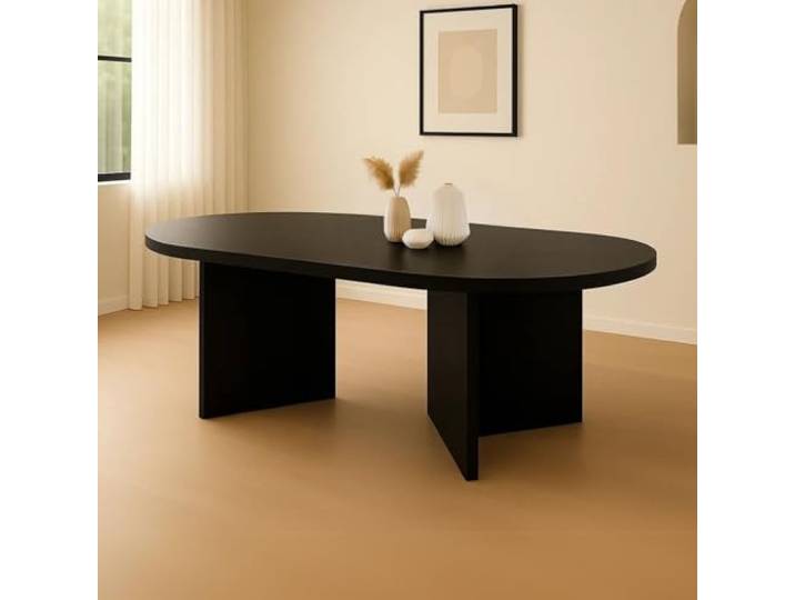 trelevo Esszimmertisch 204x90 cm Schwarze-Optik V-Form gerade Kanten Tischplatte 40mm, ovealer Esstisch, Tischbeine, Holztisch Esszimmer