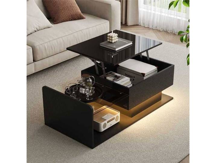 Luscriate - table basse rectangulaire relevable -design moderne avec LED et rangement - 100x50x33/47.5cm - noir brillant