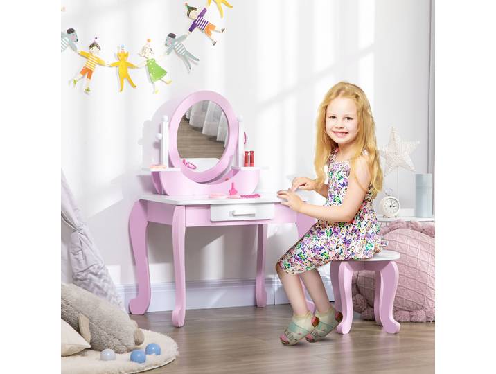 ZONEKIZ Coiffeuse Enfant avec Tabouret et Miroir Rose Blanc
