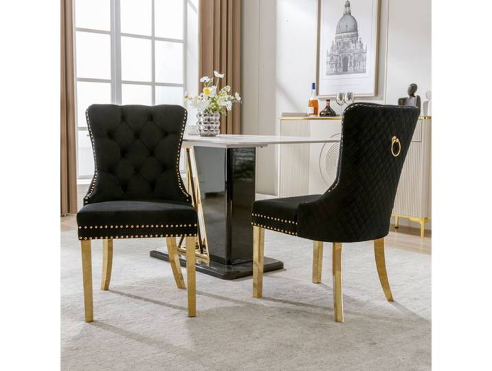 Chaise de cuisine avec anneaux de traction ronds uniques sur le dos Lot de 2 Chaise rembourrée avec set de tête à clous Noir/Or